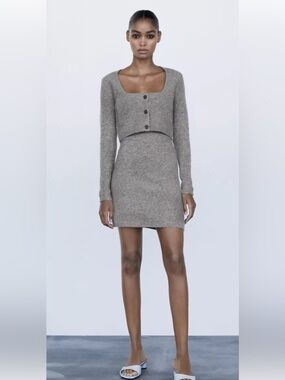 Zara Co Ord Set Cropped Jacket Cardigan Knit Mini Body Dress